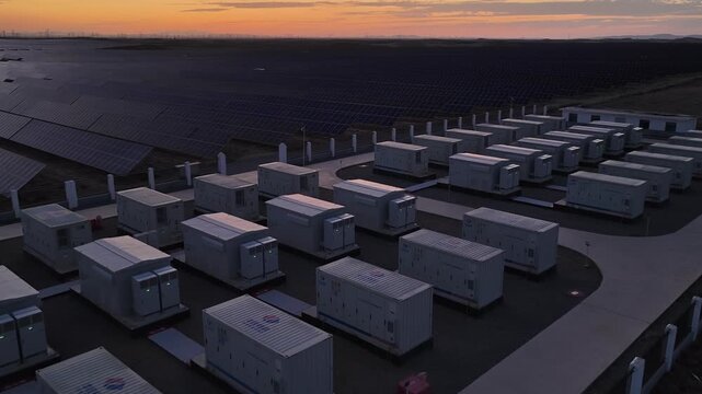 Aerial View of Utility-Scale Solar Farm with Battery Energy Storage System in Arid Desert