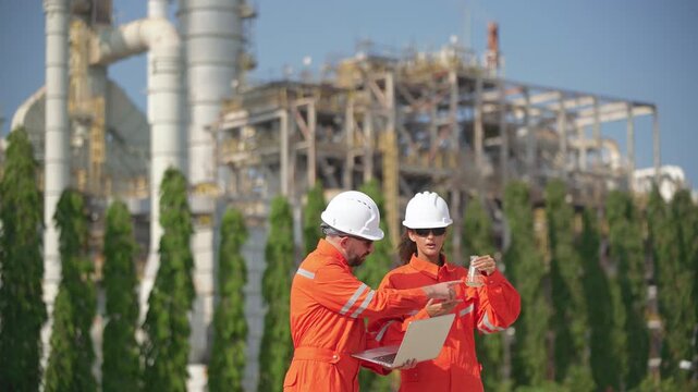 Petrochemical engineers inspecting industrial equipment and refinery operations at an oil and gas processing plant. Technical inspectors reviewing operations at a petrochemical refinery.
