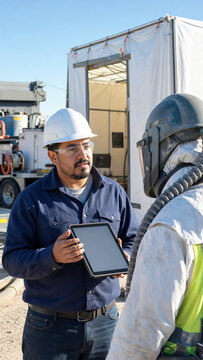 Hispanic male supervisor showing tablet to a sandblaster in protective gear at construction site. Professional communication during industrial surface treatment and blasting project.