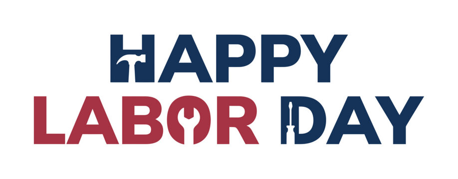 Happy labor day greeting card design featuring creative typography with integrated hammer wrench and screwdriver tool icons