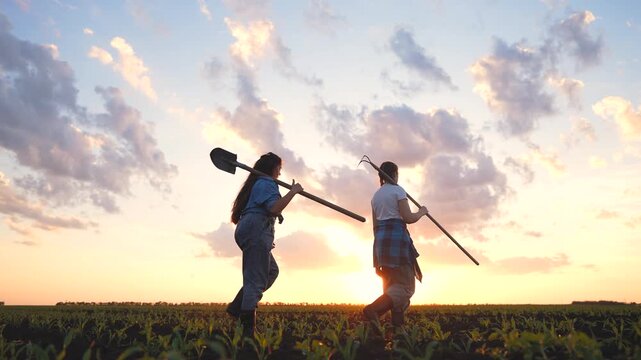 A girl and a woman walk through the field, carrying farming tools. The girl and woman are silhouetted against the colorful sunset sky.