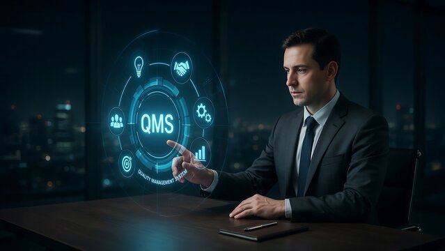 Businessman interacting with a management system hologram