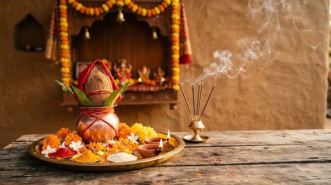 Traditional indian puja setup with kalash, flowers, diyas, and incense for festive celebration