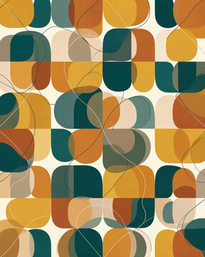 A mid-century modern abstract wallpaper pattern featuring a repeating, rhythmic composition of rounded square shapes and fluid, intersecting thin line art