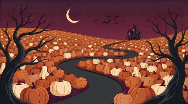 Spooky halloween pumpkin patch at night with crescent moon and dark trees
