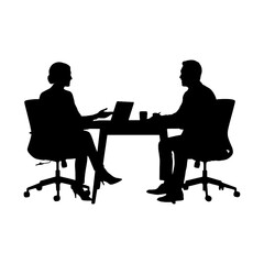 Fototapeta premium Two professionals having a business meeting at a table with laptops isolated on transparent background, Vector