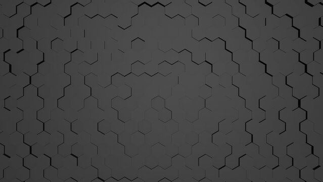 Dark grey hexagonal 3d pattern with geometric shadows for modern architectural decoration.