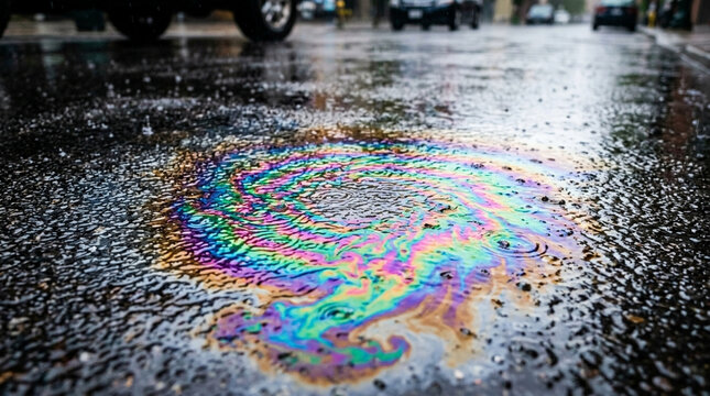 Colorful oil slick on wet asphalt, city street, car reflection, abstract pattern