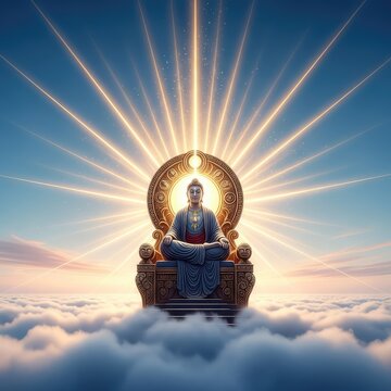 A radiant divine presence sits upon a majestic golden throne above the clouds, emitting powerful rays of healing light and spiritual peace, dreamlike, gold, grace