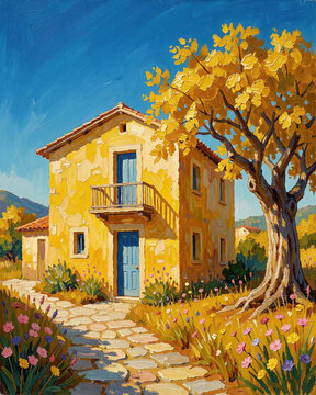 An oil painting depicting a charming yellow rustic house nestled on a gentle, sunlit hillside