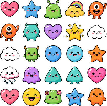 Cute pixel art icons set featuring hearts stars clouds and monsters isolated on transparent background