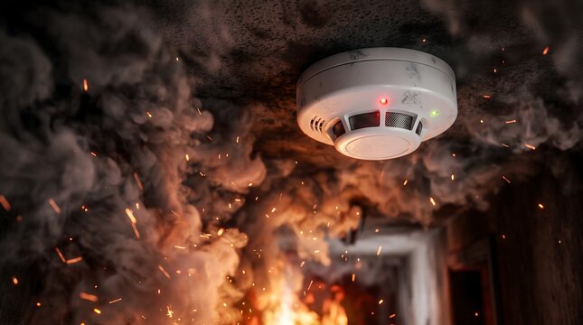 Smoke detector mounted on a ceiling surrounded by thick smoke and fire sparks in a burning house for residential fire safety and emergency prevention concept