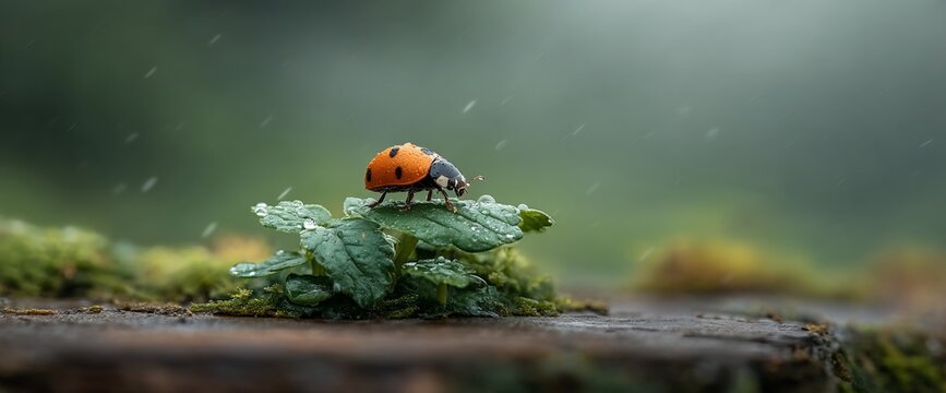 Ladybug sits on a leaf in the rain, forest background, drops of water. Nature