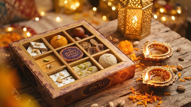 A traditional diwali gift box filled with assorted indian sweets, accompanied by lit diyas and marigold flowers
