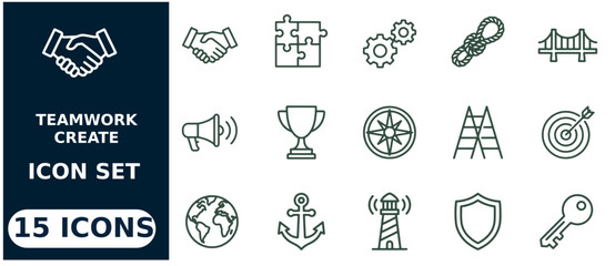 Fototapeta premium Teamwork and collaboration set, 15 line symbols handshake puzzle gear
