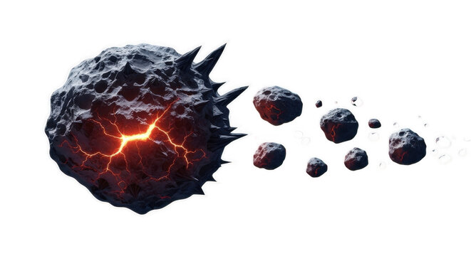 Fiery asteroid with glowing core and sharp spikes traveling with smaller celestial bodies isolated on transparent background
