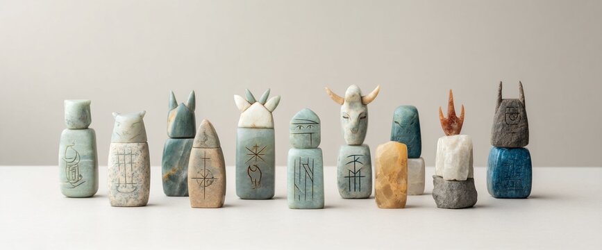Group of uniquely crafted figurines featuring animalistic and abstract designs.  Hand-carved from stone, with intricate details