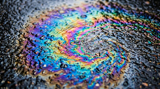 Oil Spill on Asphalt - Rainbow Colors, Water Droplets, Textured Surface