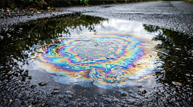 Rainbow oil slick in puddle, iridescence on asphalt, reflection of trees
