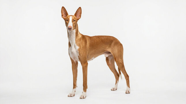 Elegant Ibizan Hound Standing Proudly on White Background | Studio Portrait