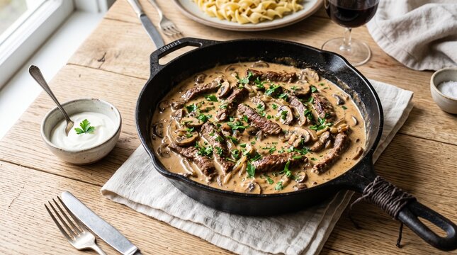 Beef stroganoff with mushrooms in creamy sauce served in cast iron skillet with side of noodles for rustic homemade dinner.