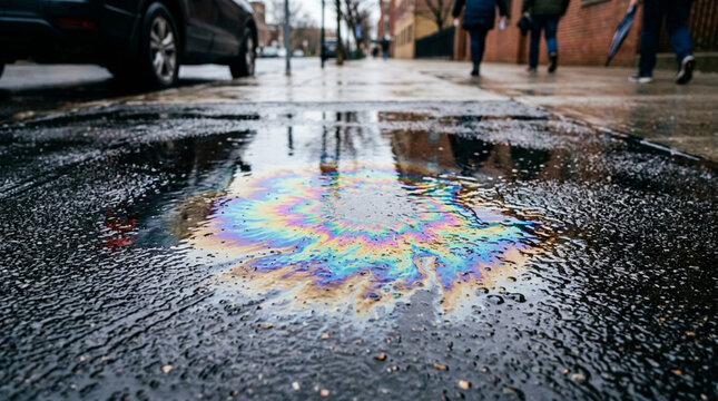 Rainbow oil slick on wet pavement reflecting city street and pedestrians