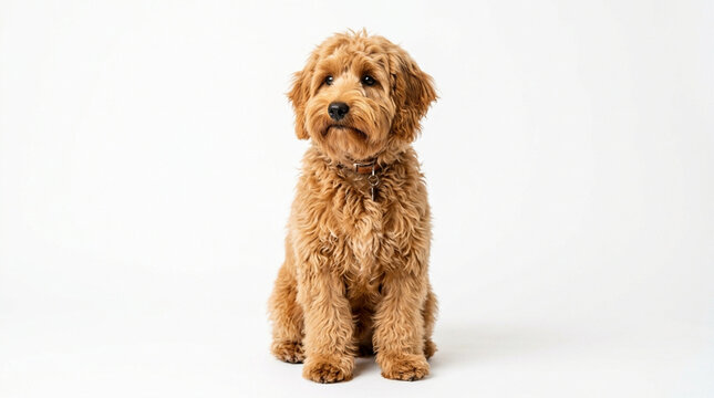Adorable Goldendoodle puppy sitting on a white background, studio portrait
