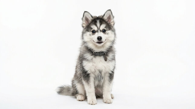Adorable Pomsky Puppy Sitting White Background