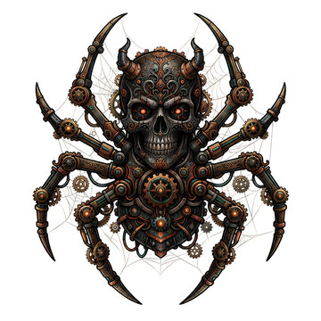 Steampunk mechanical spider with a dark skull head