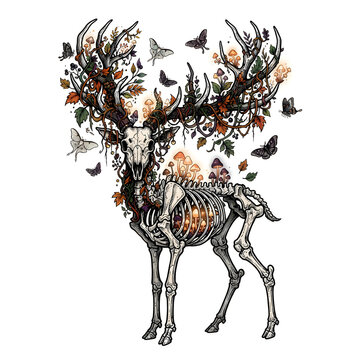 Deer skeleton illustration with flowers and butterflies