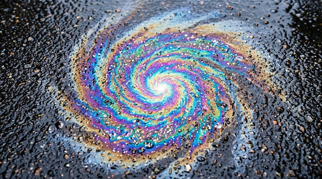 Abstract Oil Spill Swirl on Wet Asphalt - Iridescent Colors, Cosmic Pattern