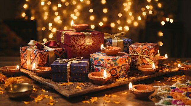 Diwali festive gifts with traditional diya lamps on tray