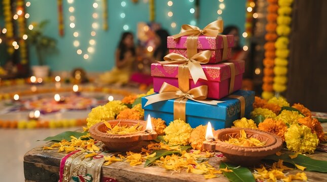 Stacked diwali gift boxes with flowers and diyas on a wooden table