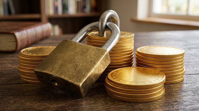 A golden padlock securely rests on a pile of shiny coins, symbolizing wealth and security in a cozy indoor setting.