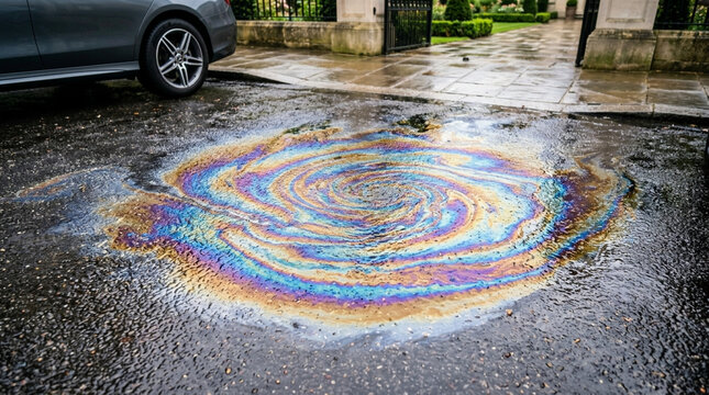 Colorful oil slick on wet asphalt driveway with car tire and luxury home background