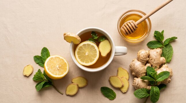 Warm cup of ginger tea with lemon and honey surrounded by fresh ginger roots and mint leaves.