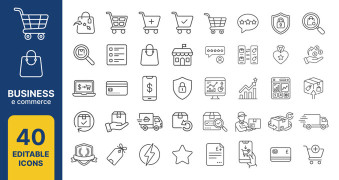 e commerce online business icon line style shopping editable stroke vector set