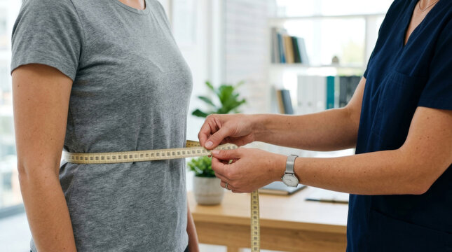 A female with light skin is having her waist measured by a healthcare professional in a bright office setting.