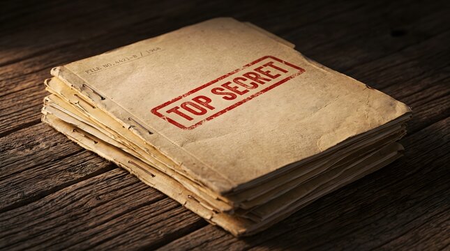 Vintage stack of manila folders with a red top secret stamp lying on a rustic wooden surface for national security and government confidentiality concept.