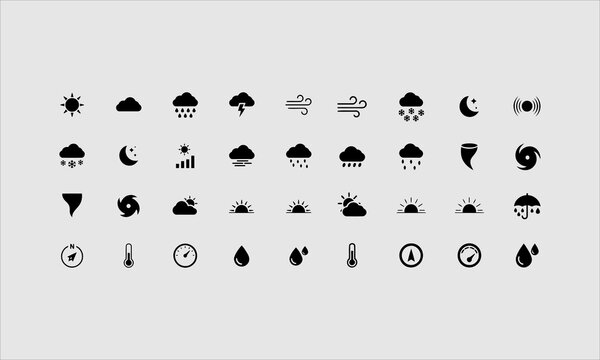 Weather forecast glyph icons set. Sun, rain, thunder storm, wind, snow cloud, moon, UV index flat pictogram vector illustrations.