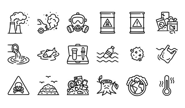 Pollution outline icons | Air water microplastic trash gas toxic environment editable stroke vector on white