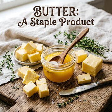 Butter a staple product with fresh herbs on a wooden board