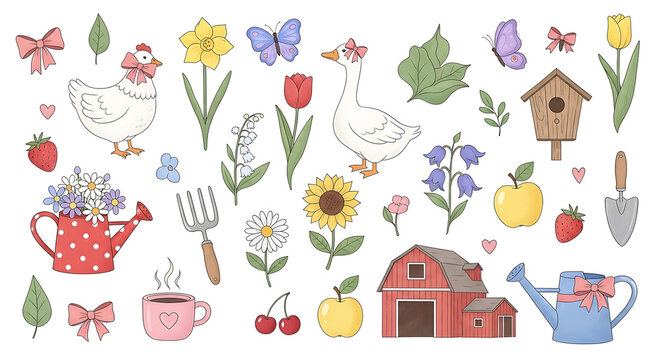 Spring clipart collection featuring farm icons cottagecore illustrations and gardening elements in a rustic set with flowers birds and farm life