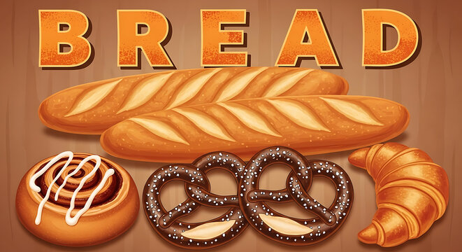Artistic illustration of bakery products including crusty baguette salted pretzel flaky croissant and sweet cinnamon roll on wood background