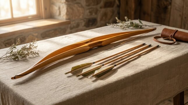 Traditional wooden longbow and set of arrows with quiver on linen tablecloth by window.