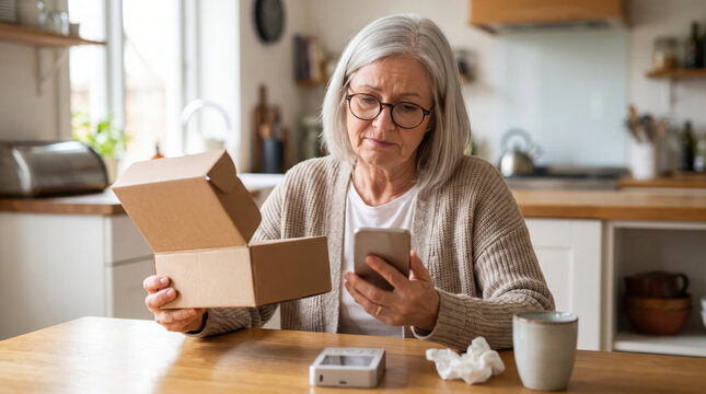 Concerned senior woman holding open parcel box and smartphone.