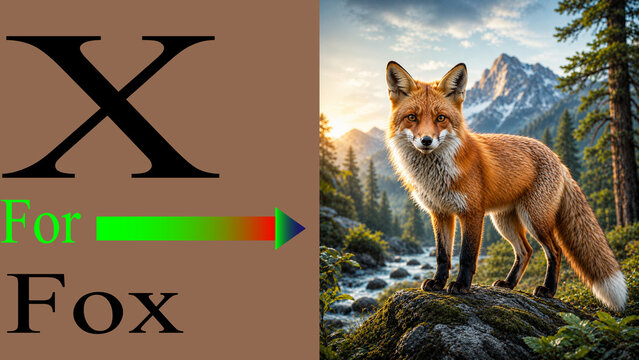 Educational poster with capital letter x for wild fox animal sitting on stone.