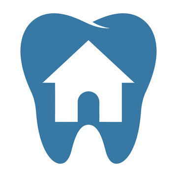 Blue tooth icon with house inside symbolizing dental home care