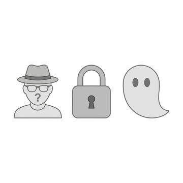 Set of three hacker security icons featuring spy, lock, and ghost symbols