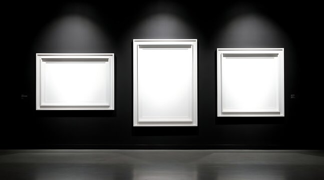Three empty white picture frames on a dark wall with spotlights.